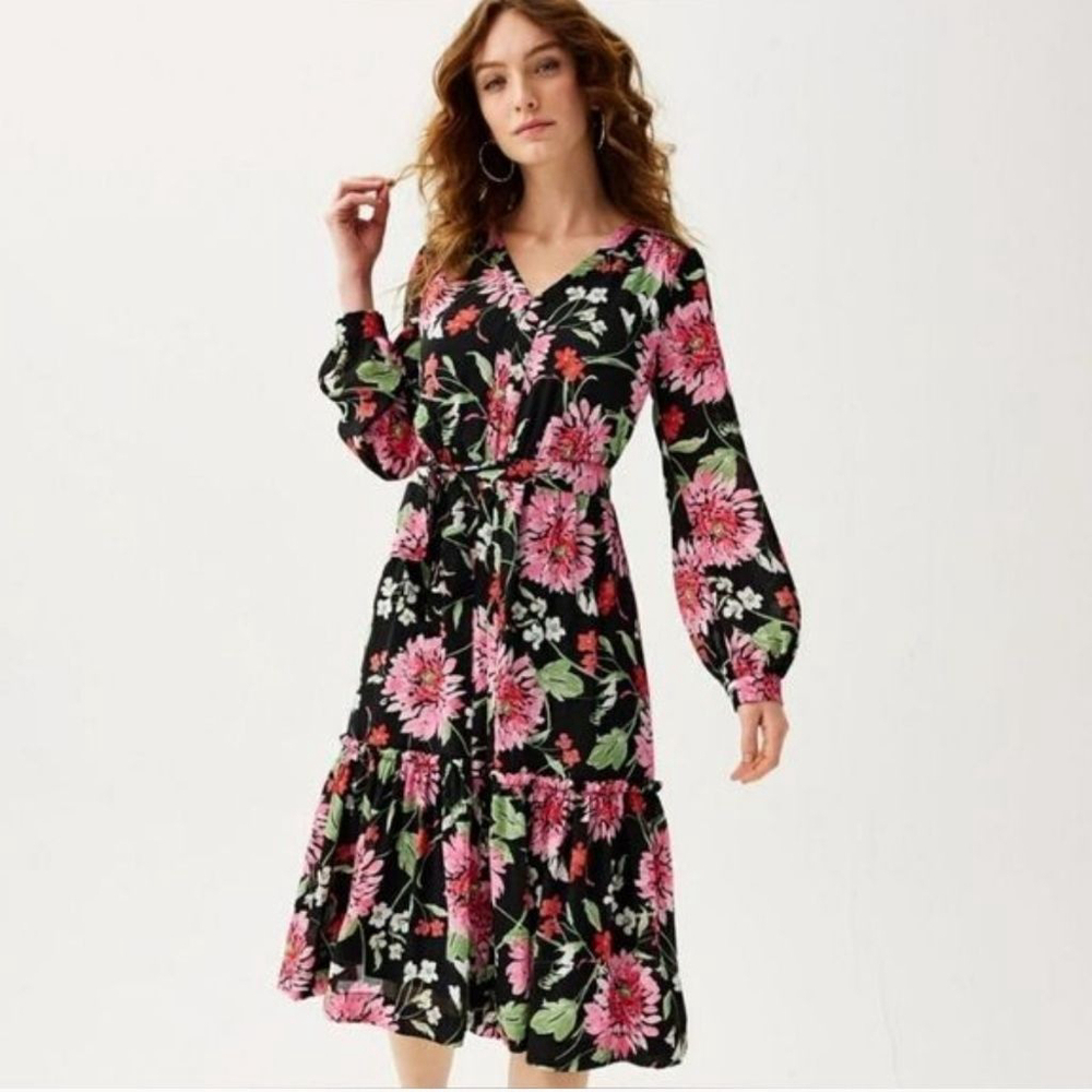 NEW Draper James RSVP Long Sleeve Tiered Midi Dress Black Floral Tie Waist XXL